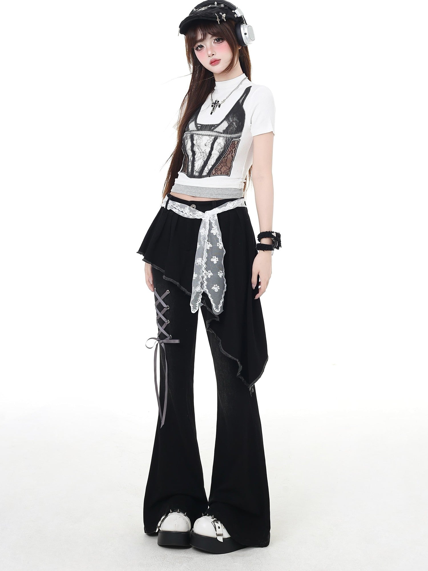 Crazy Girl Gothic Patchwork Lace Up High Waist Women&