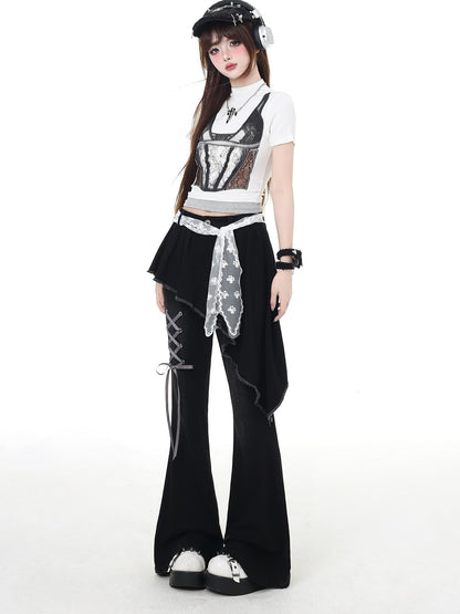 Crazy Girl Gothic Patchwork Lace Up High Waist Women&