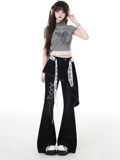 Crazy Girl Gothic Patchwork Lace Up High Waist Women&