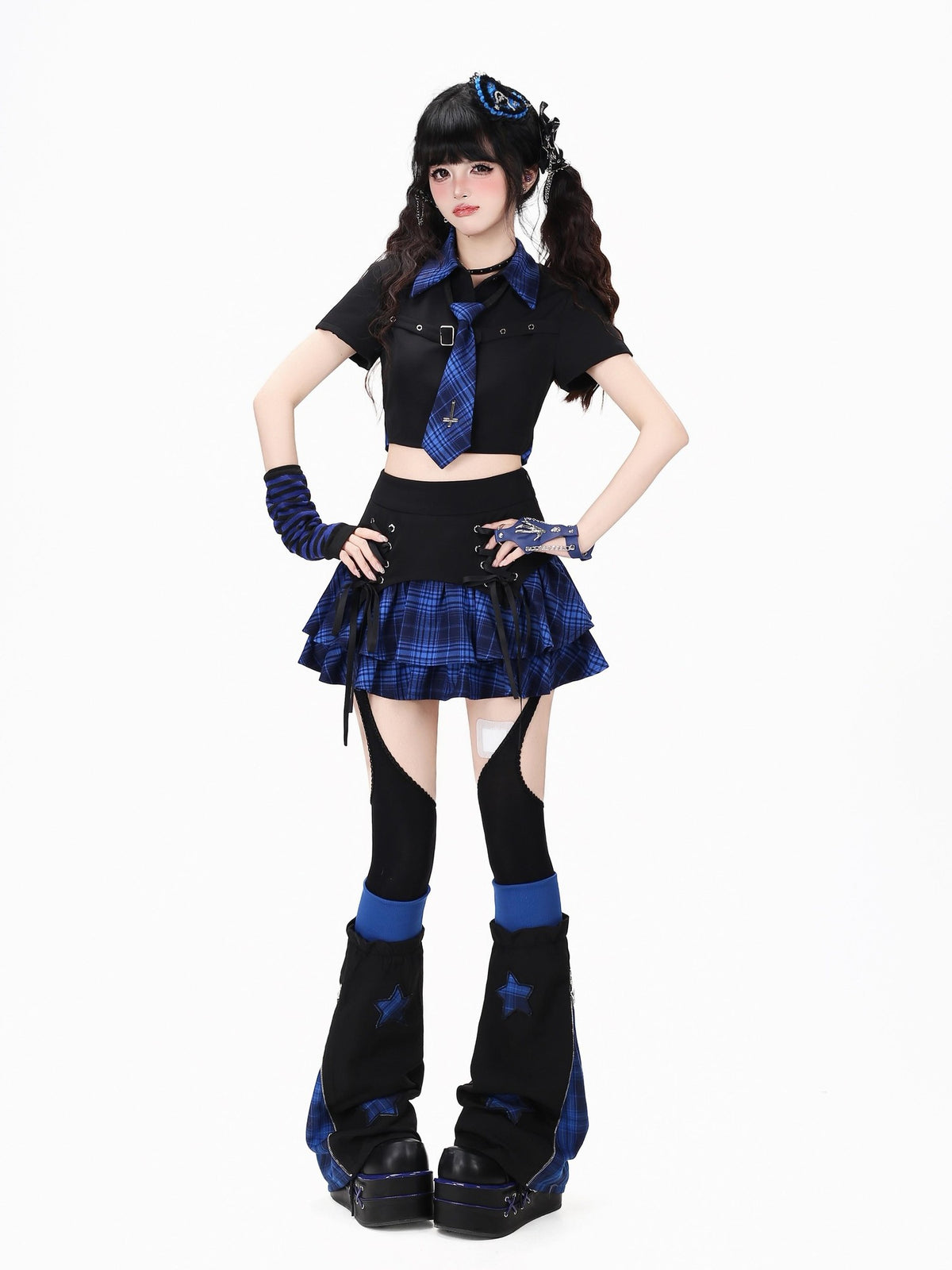 Crazy Girl Gothic Plaid Lace Up Backless Exposed Waist Square Shoulder Women&