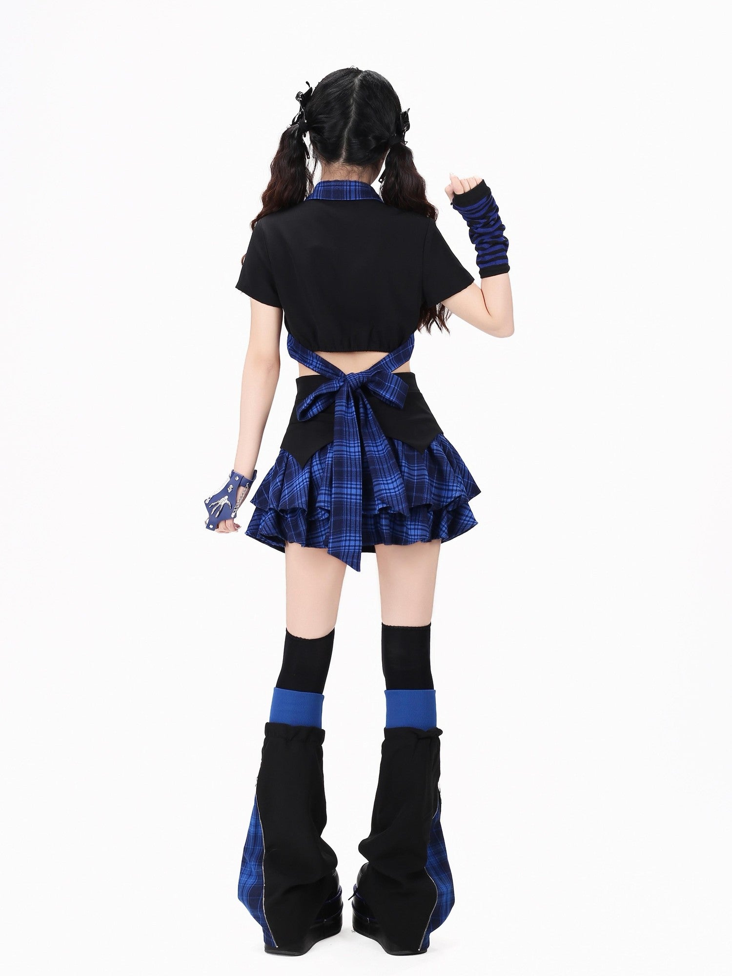 Crazy Girl Gothic Plaid Lace Up Backless Exposed Waist Square Shoulder Women&