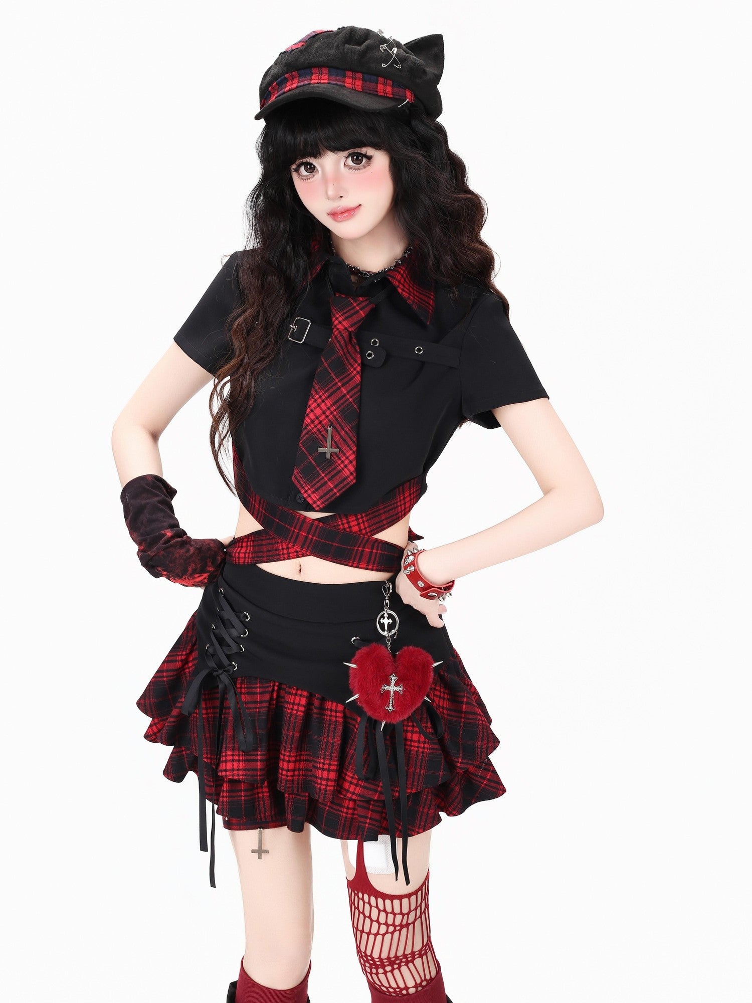 Crazy Girl Gothic Plaid Lace Up Backless Exposed Waist Square Shoulder Women&