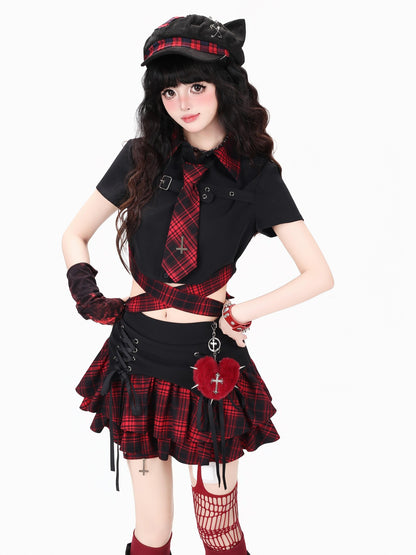 Crazy Girl Gothic Plaid Lace Up Backless Exposed Waist Square Shoulder Women&
