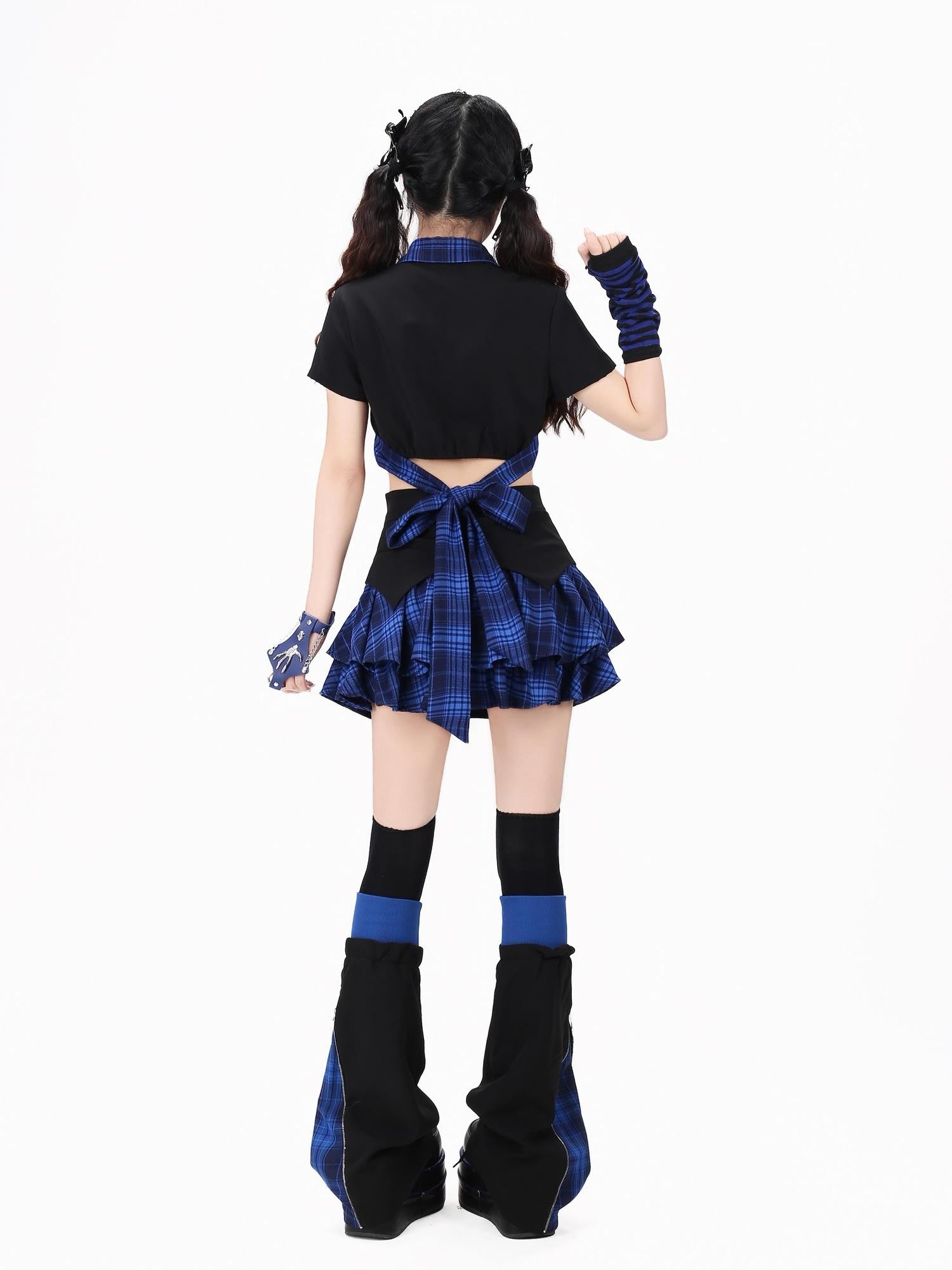 Crazy Girl Gothic Plaid Lace Up Backless Exposed Waist Square Shoulder Women&