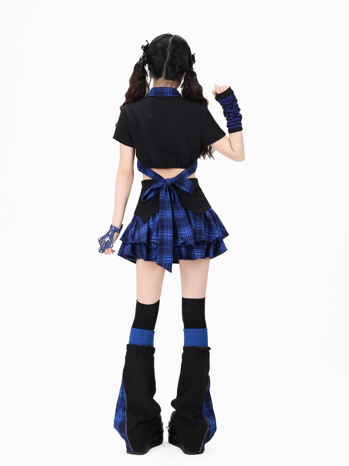 Crazy Girl Gothic Plaid Lace Up Backless Exposed Waist Square Shoulder Women&