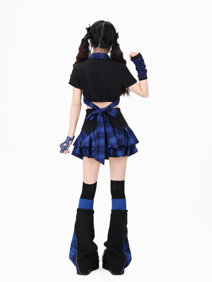 Crazy Girl Gothic Plaid Lace Up Backless Exposed Waist Square Shoulder Women&