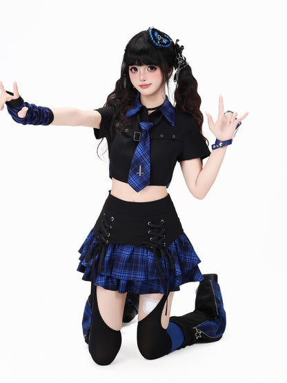 Crazy Girl Gothic Plaid Lace Up Backless Exposed Waist Square Shoulder Women&