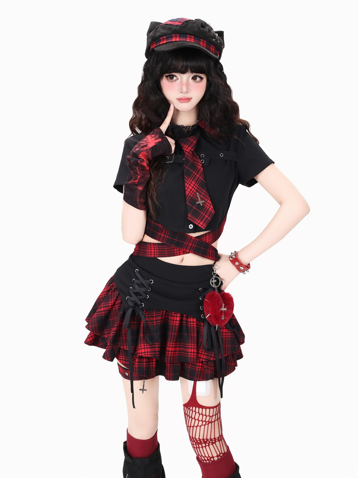 Crazy Girl Gothic Plaid Lace Up Backless Exposed Waist Square Shoulder Women&