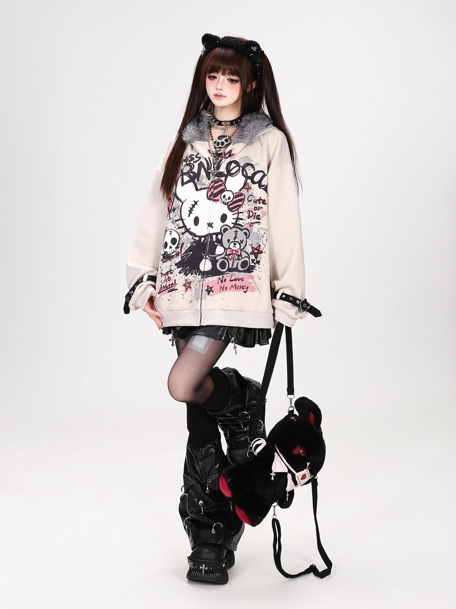 Crazy Girl Gothic Rabbit Fur Collar Punk Loose Women&
