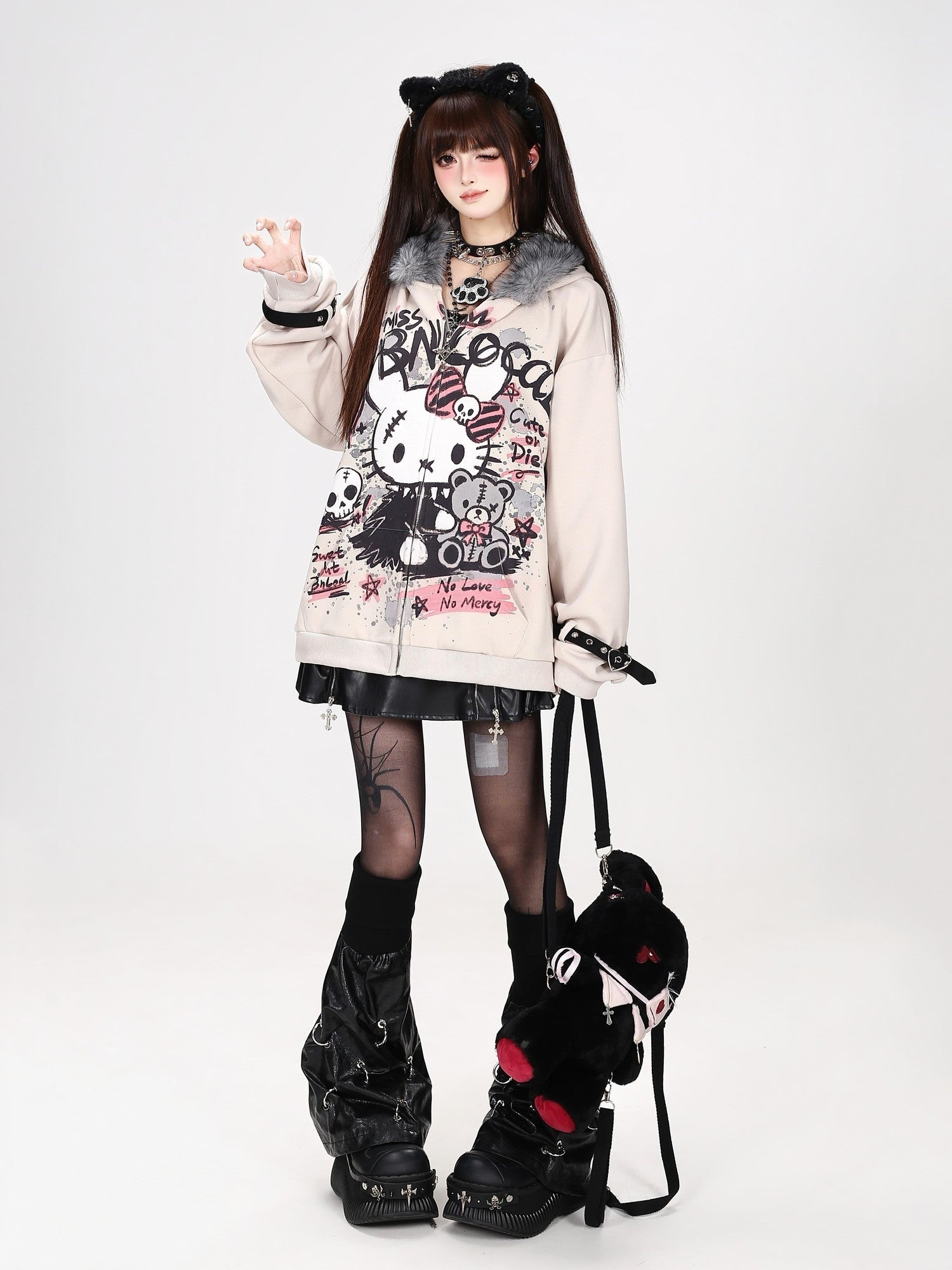 Crazy Girl Gothic Rabbit Fur Collar Punk Loose Women&