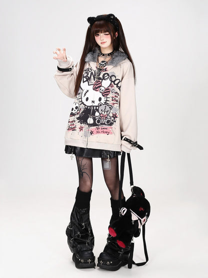 Crazy Girl Gothic Rabbit Fur Collar Punk Loose Women&