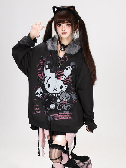 Crazy Girl Gothic Rabbit Fur Collar Punk Loose Women&
