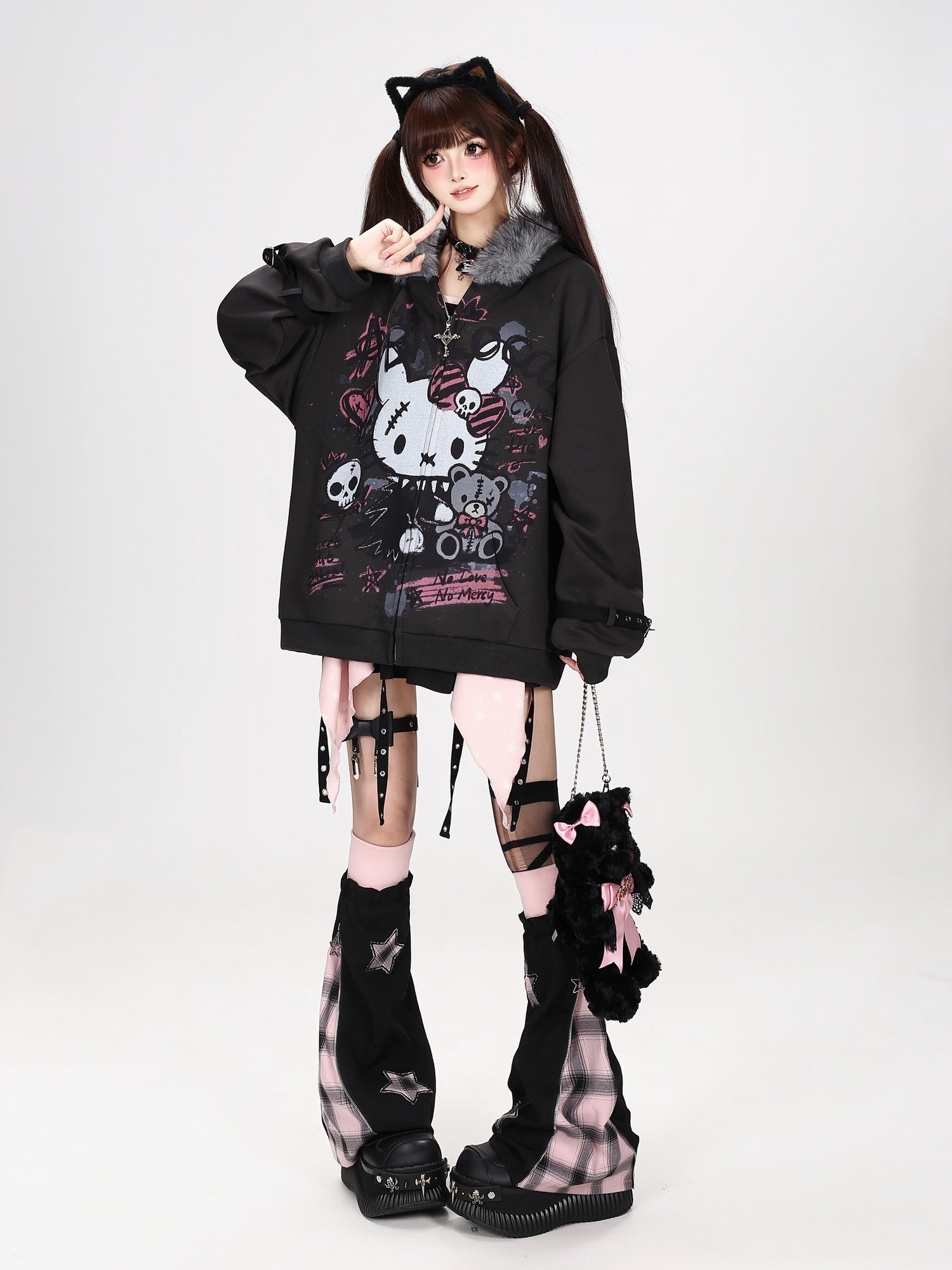 Crazy Girl Gothic Rabbit Fur Collar Punk Loose Women&