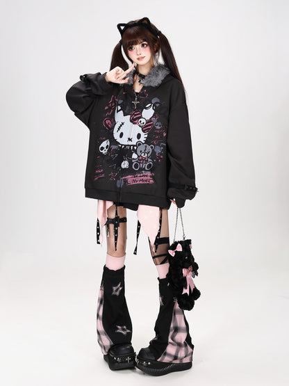 Crazy Girl Gothic Rabbit Fur Collar Punk Loose Women&