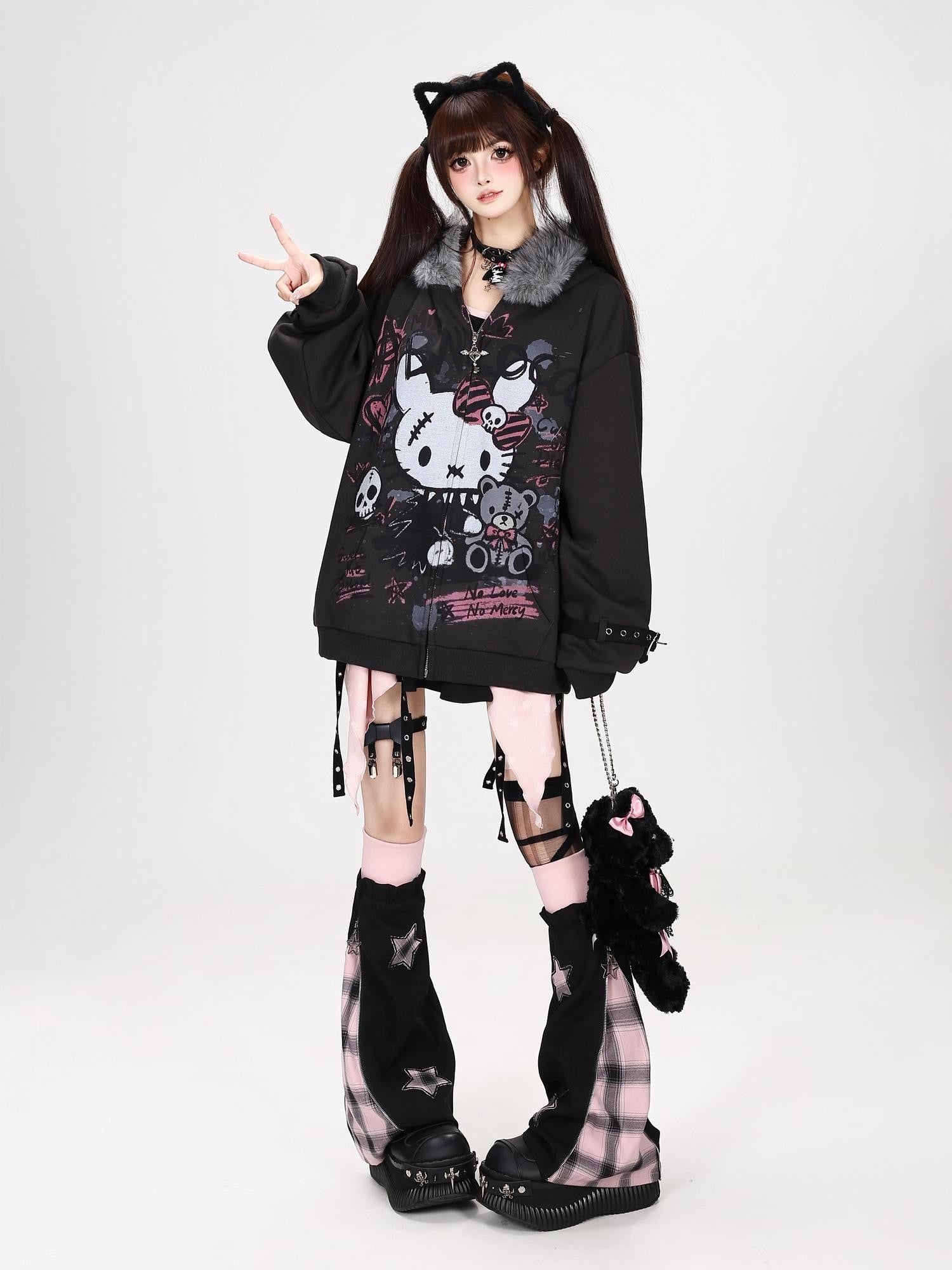 Crazy Girl Gothic Rabbit Fur Collar Punk Loose Women&