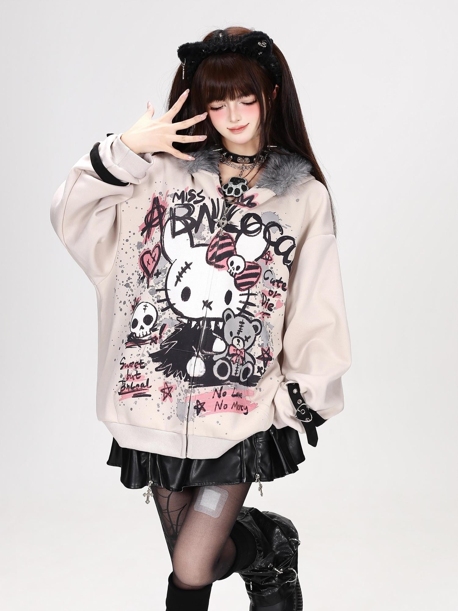 Crazy Girl Gothic Rabbit Fur Collar Punk Loose Women&