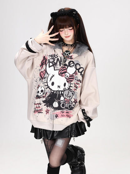 Crazy Girl Gothic Rabbit Fur Collar Punk Loose Women&