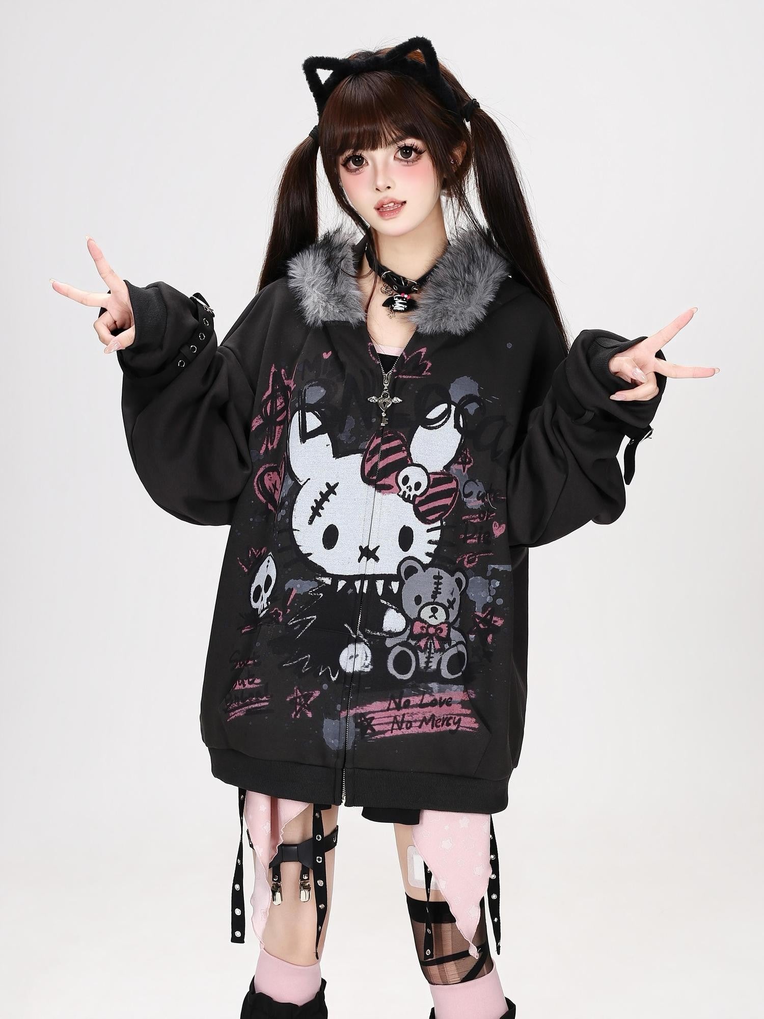 Crazy Girl Gothic Rabbit Fur Collar Punk Loose Women&
