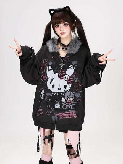 Crazy Girl Gothic Rabbit Fur Collar Punk Loose Women&