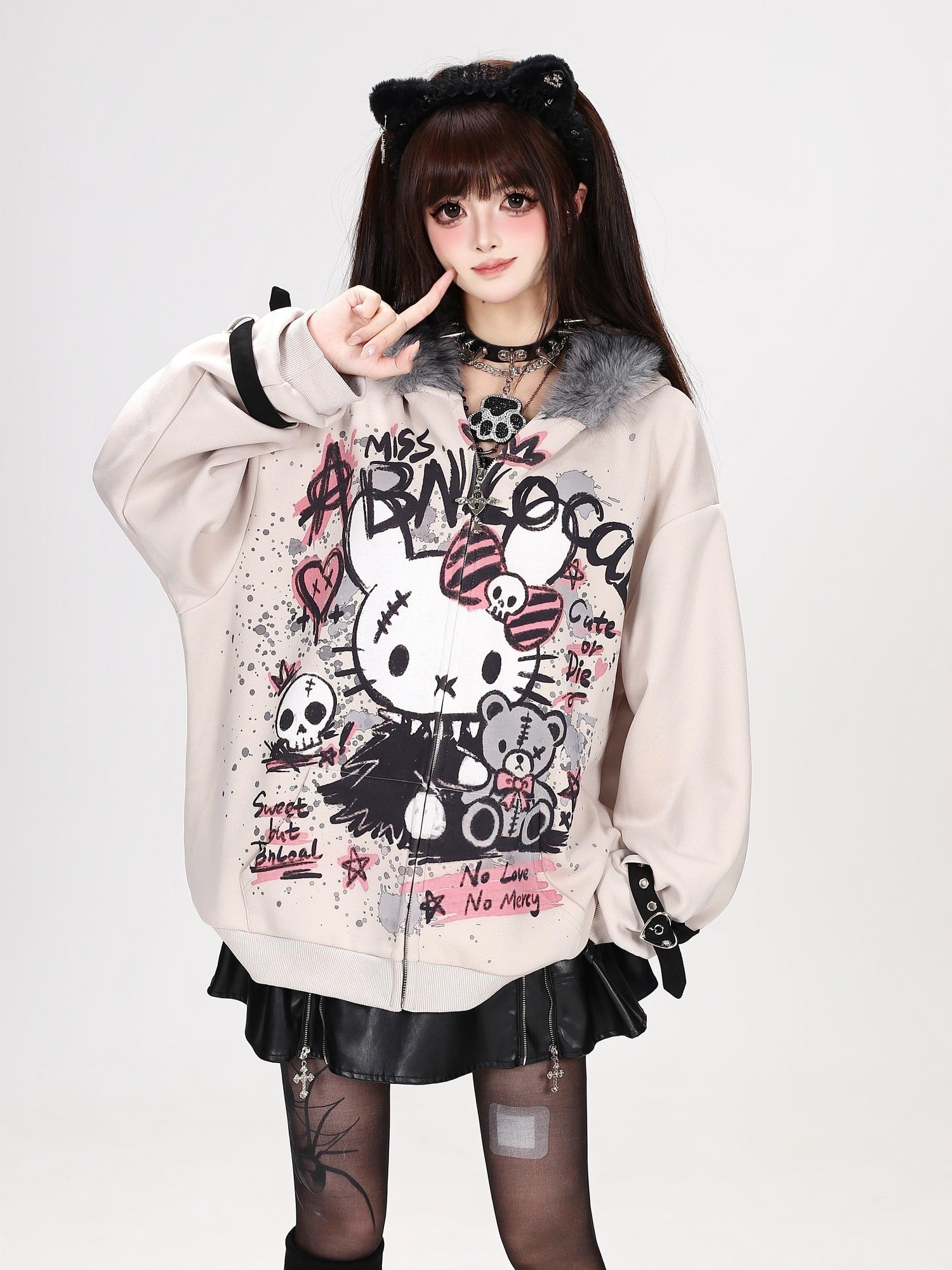 Crazy Girl Gothic Rabbit Fur Collar Punk Loose Women&
