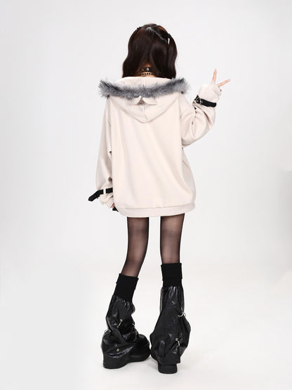 Crazy Girl Gothic Rabbit Fur Collar Punk Loose Women&