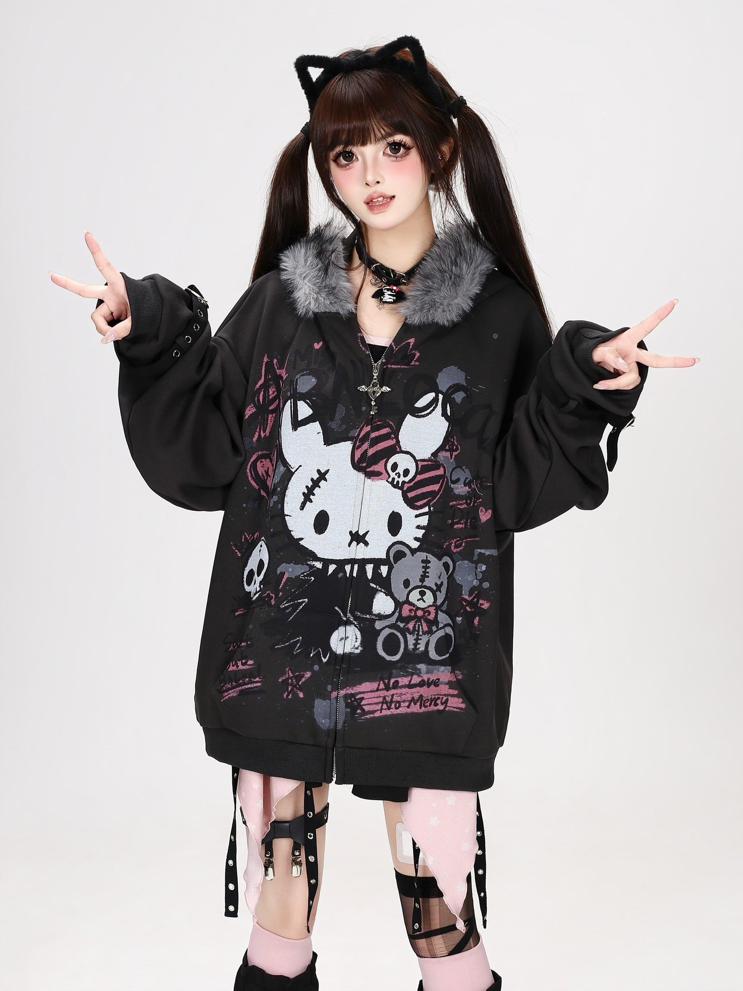 Crazy Girl Gothic Rabbit Fur Collar Punk Loose Women&