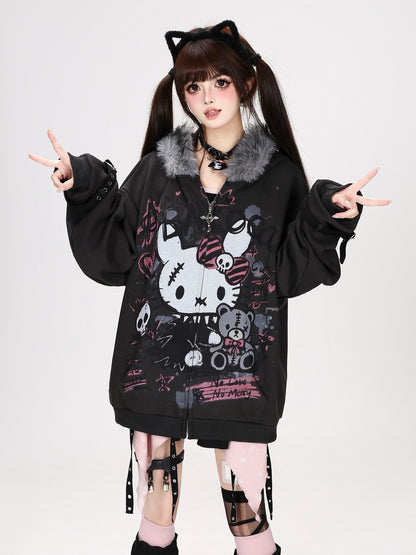 Crazy Girl Gothic Rabbit Fur Collar Punk Loose Women&