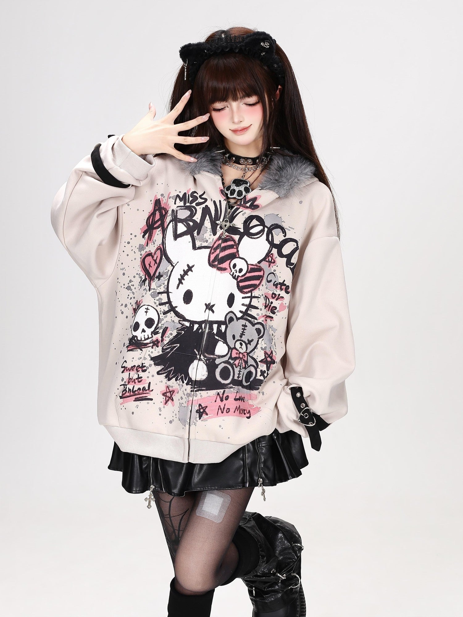 Crazy Girl Gothic Rabbit Fur Collar Punk Loose Women&