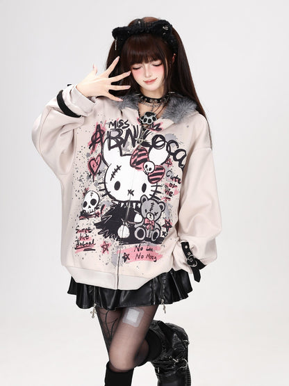 Crazy Girl Gothic Rabbit Fur Collar Punk Loose Women&