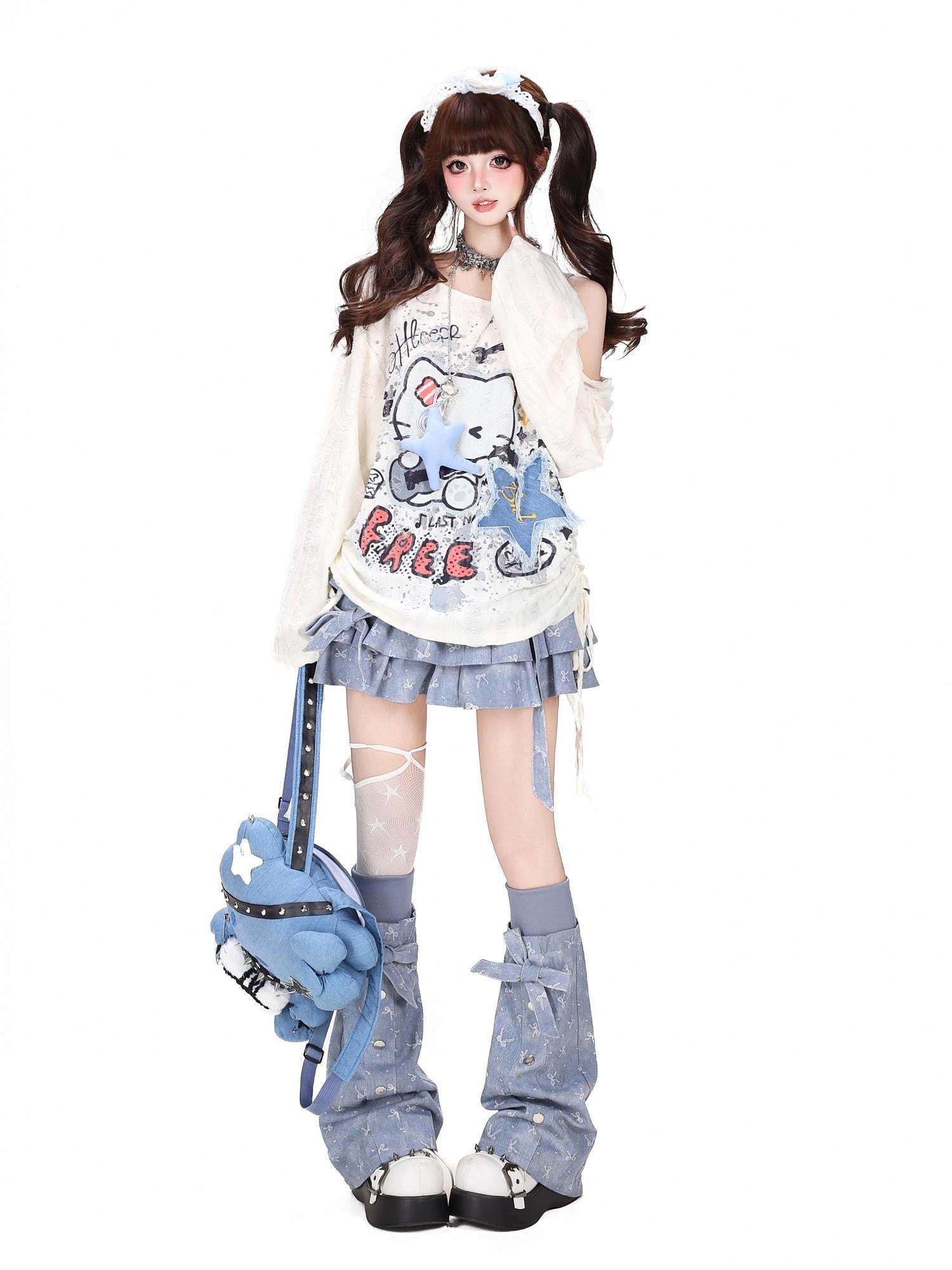 Crazy Girl Graffiti Distressed Drawstring Waist Off Shoulder Women&