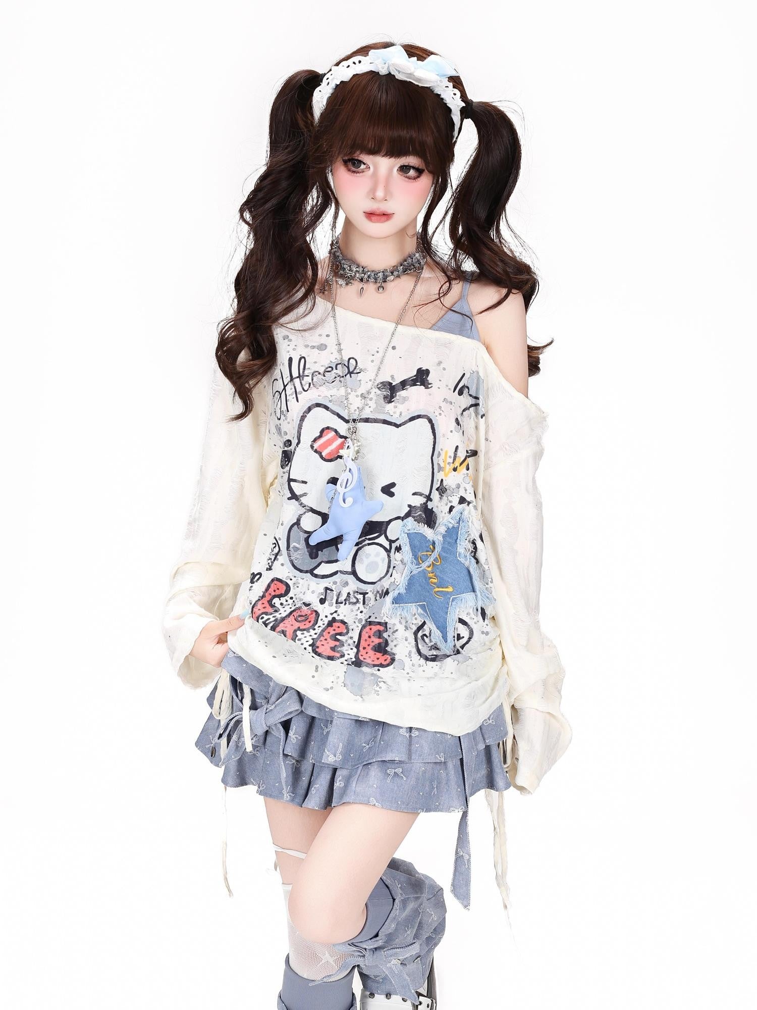 Crazy Girl Graffiti Distressed Drawstring Waist Off Shoulder Women&