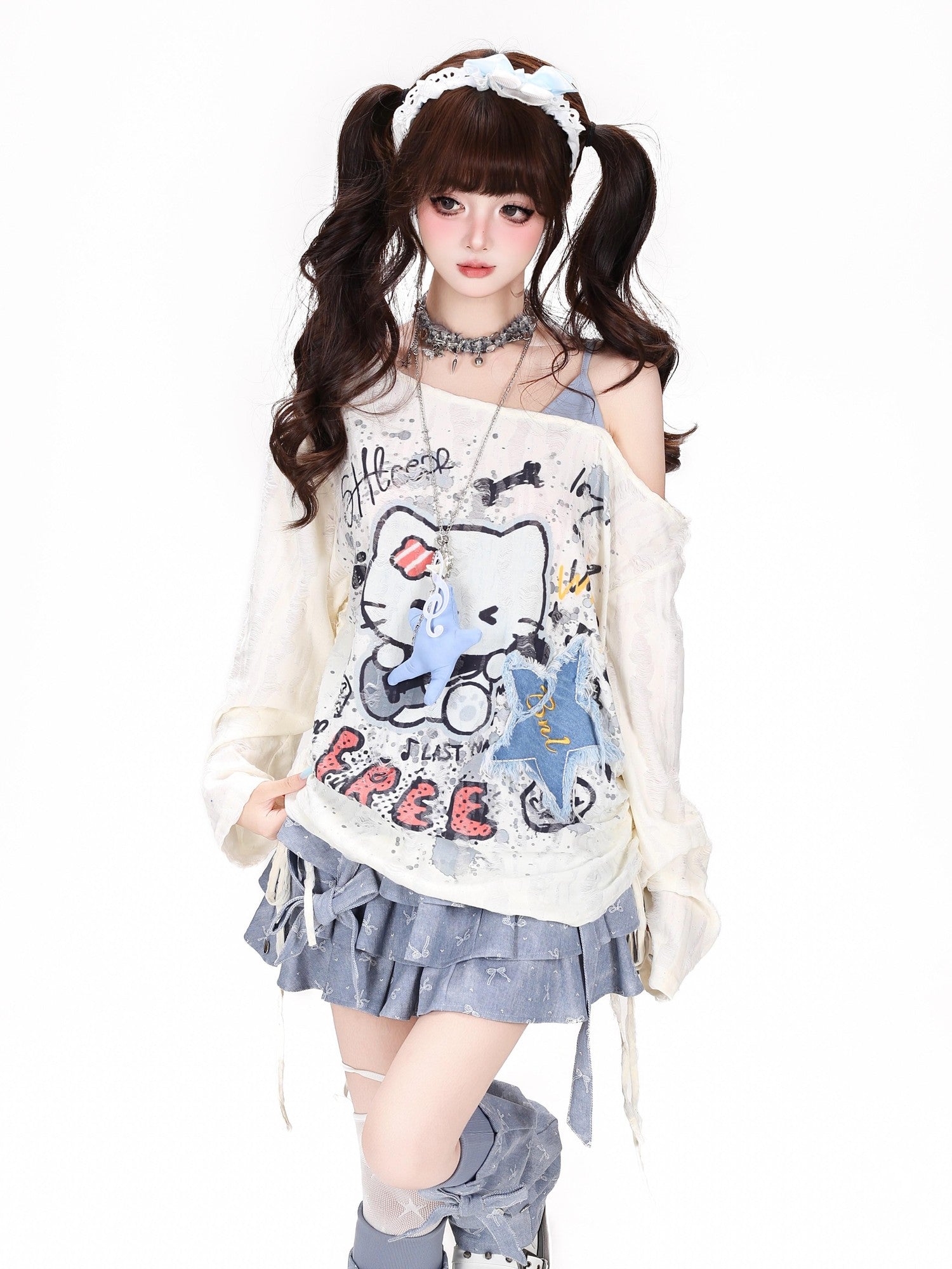Crazy Girl Graffiti Distressed Drawstring Waist Off Shoulder Women&