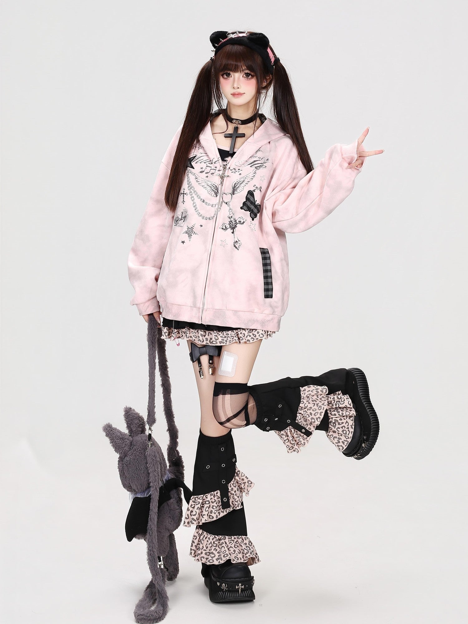 Crazy Girl Gray Pink Tie Dye Plaid Patchwork Cat Ear Women&