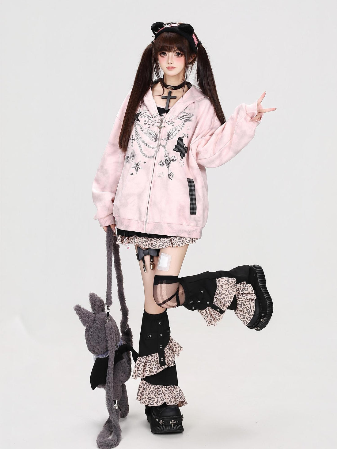 Crazy Girl Gray Pink Tie Dye Plaid Patchwork Cat Ear Women&