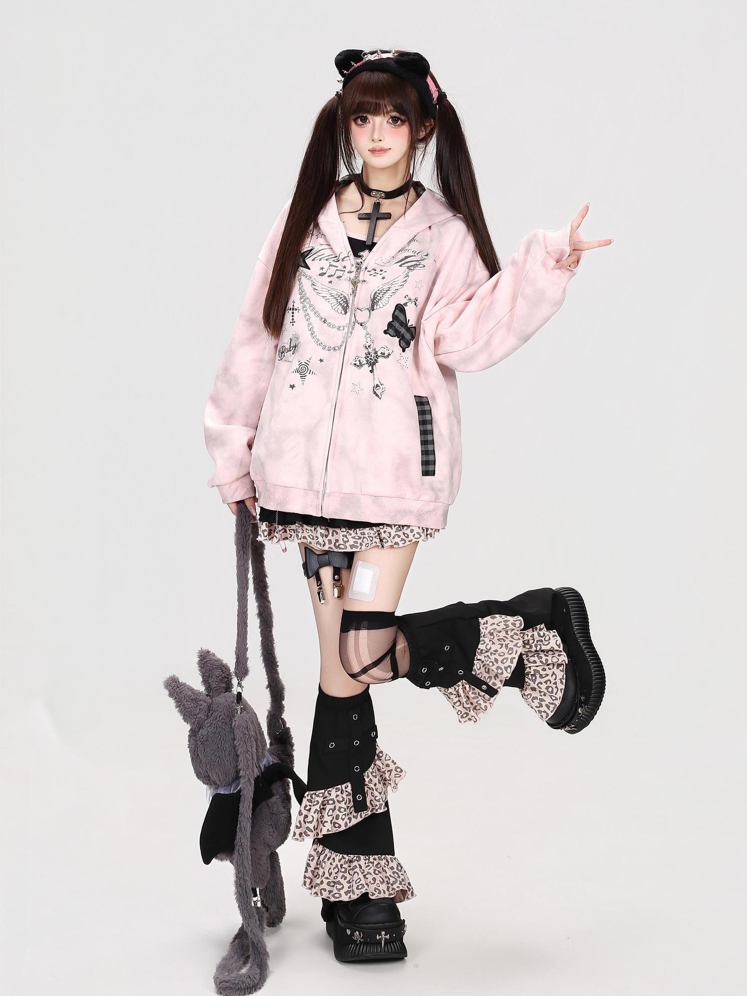 Crazy Girl Gray Pink Tie Dye Plaid Patchwork Cat Ear Women&