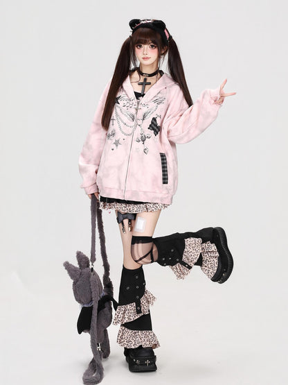 Crazy Girl Gray Pink Tie Dye Plaid Patchwork Cat Ear Women&