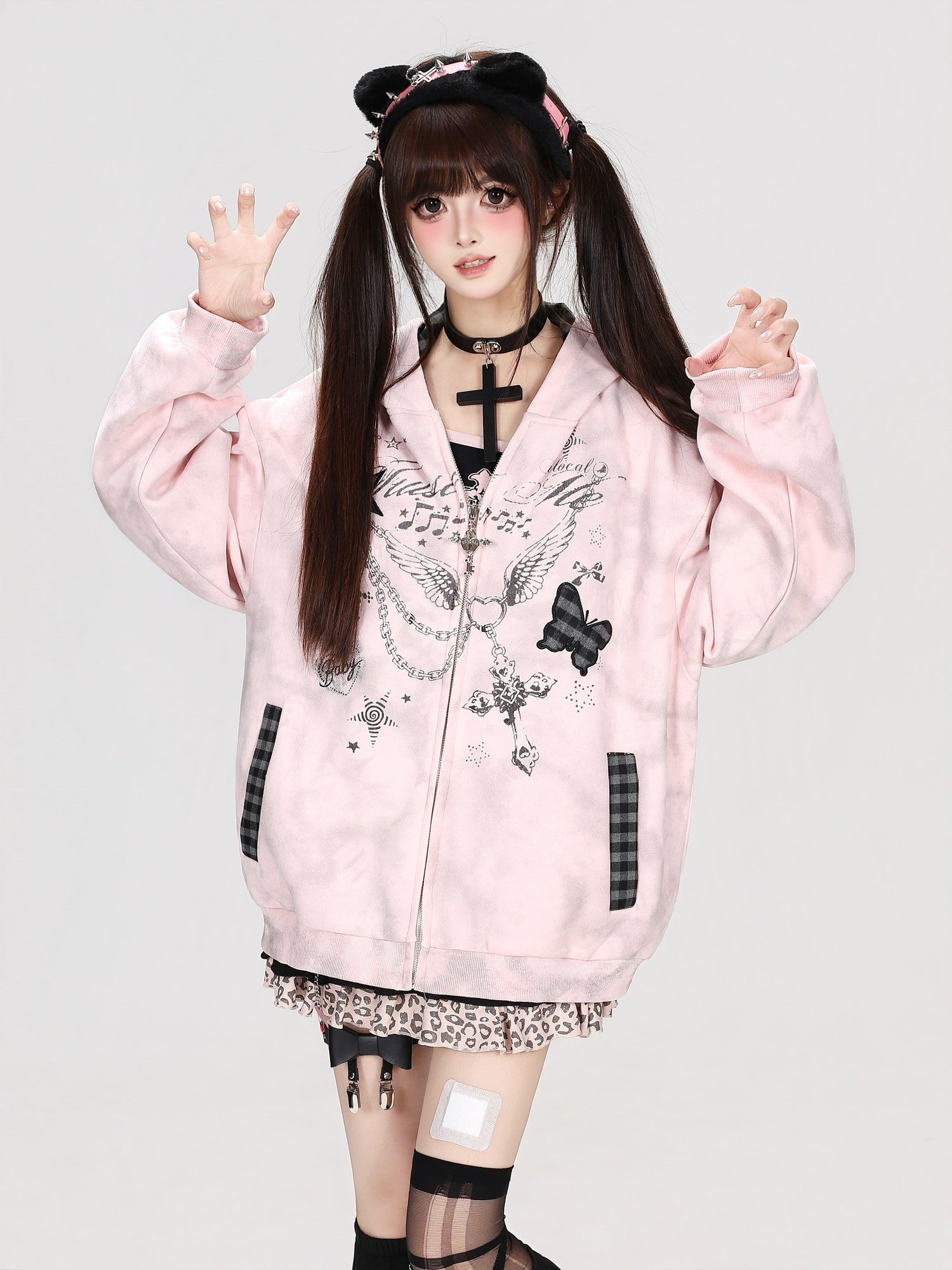 Crazy Girl Gray Pink Tie Dye Plaid Patchwork Cat Ear Women&