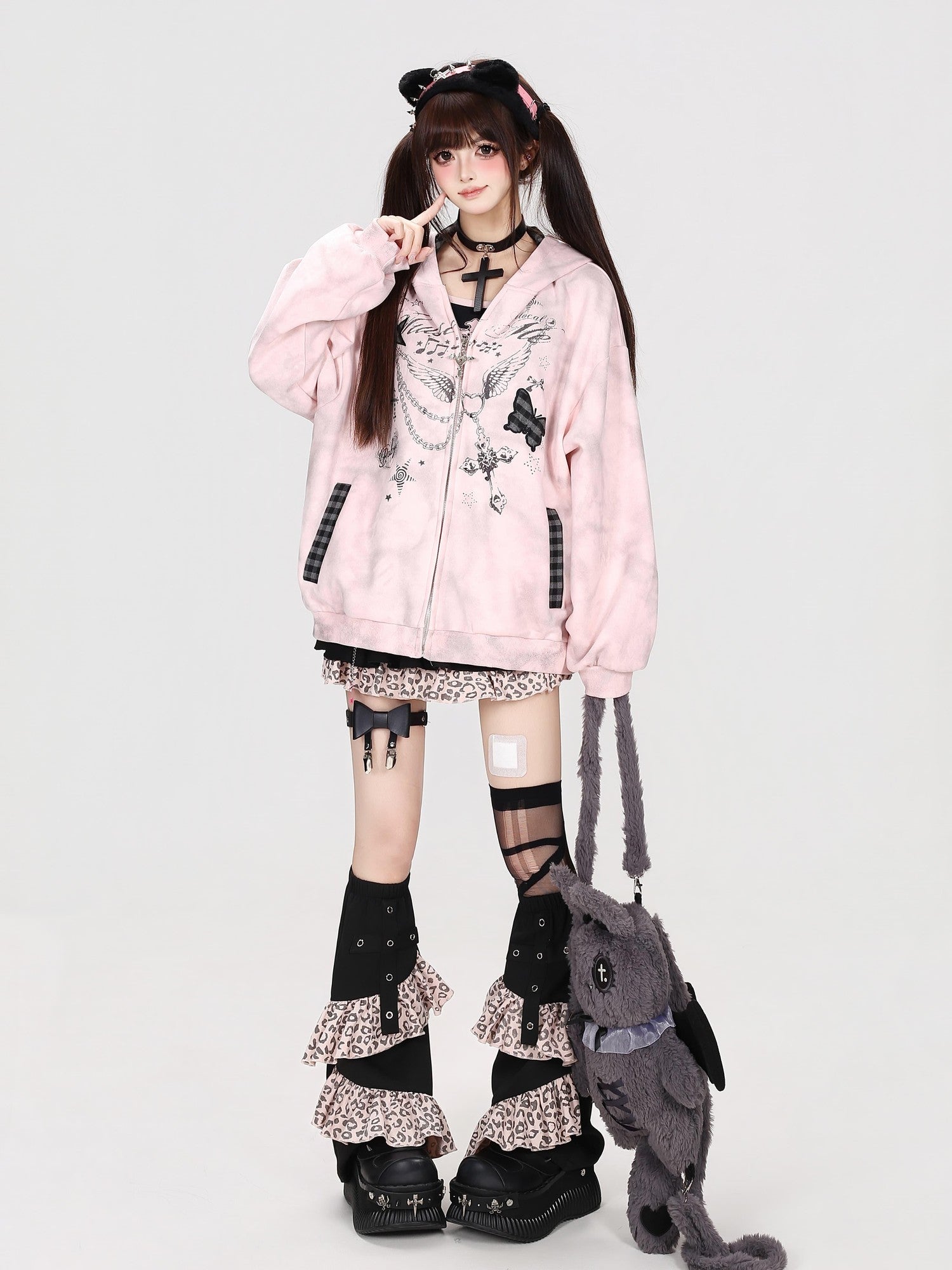 Crazy Girl Gray Pink Tie Dye Plaid Patchwork Cat Ear Women&