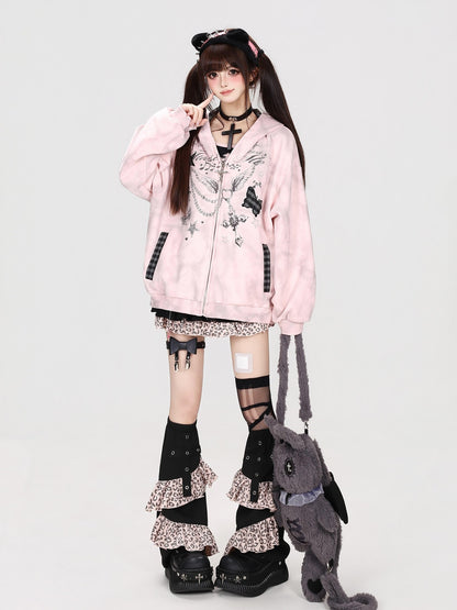 Crazy Girl Gray Pink Tie Dye Plaid Patchwork Cat Ear Women&