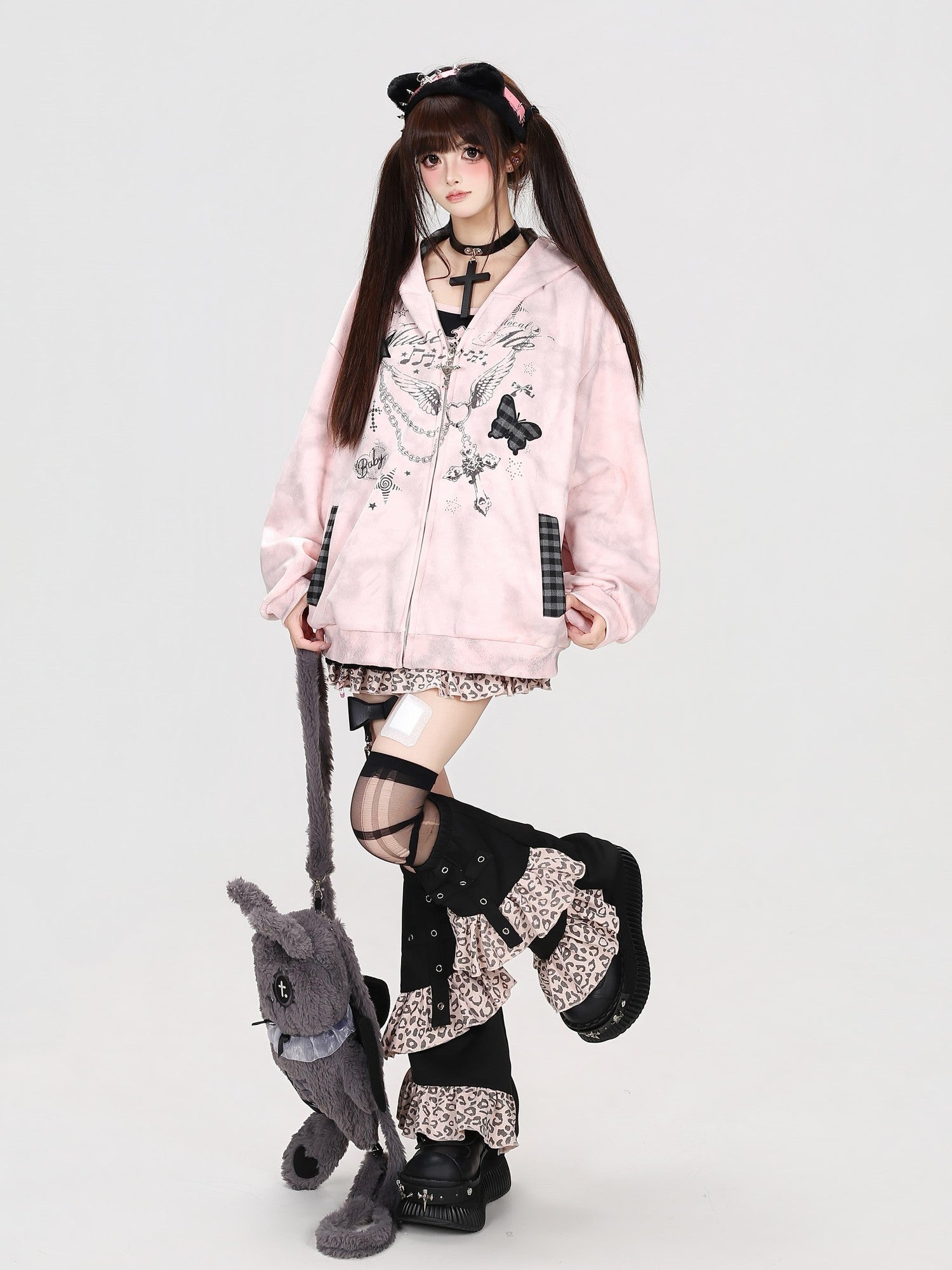 Crazy Girl Gray Pink Tie Dye Plaid Patchwork Cat Ear Women&
