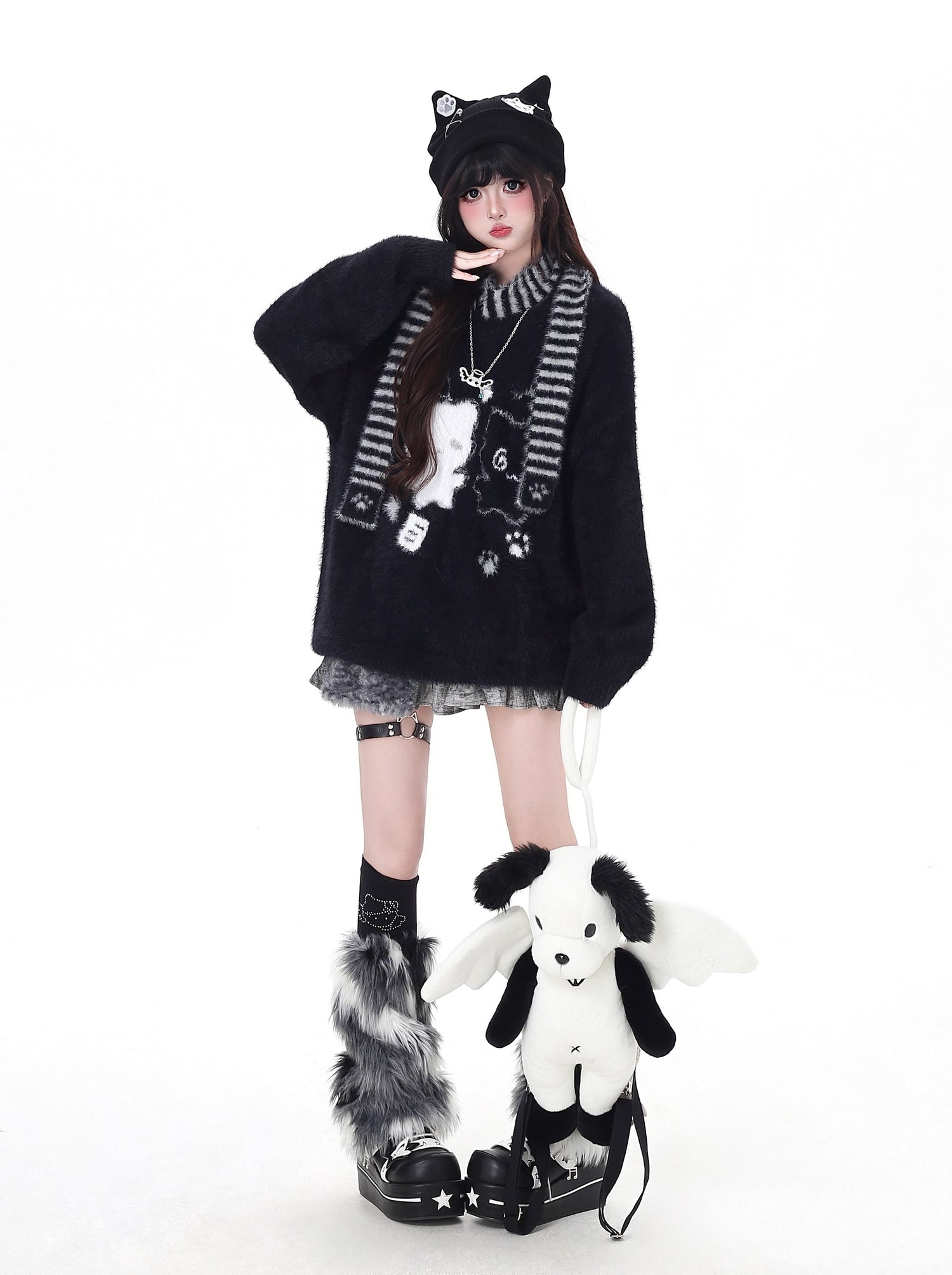 Crazy_Girl_Happy_Cat_Plush_Embossed_Crewneck_Loose_Cardigan_Women&