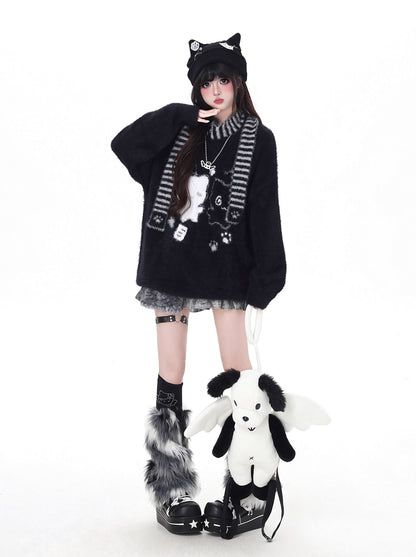 Crazy_Girl_Happy_Cat_Plush_Embossed_Crewneck_Loose_Cardigan_Women&