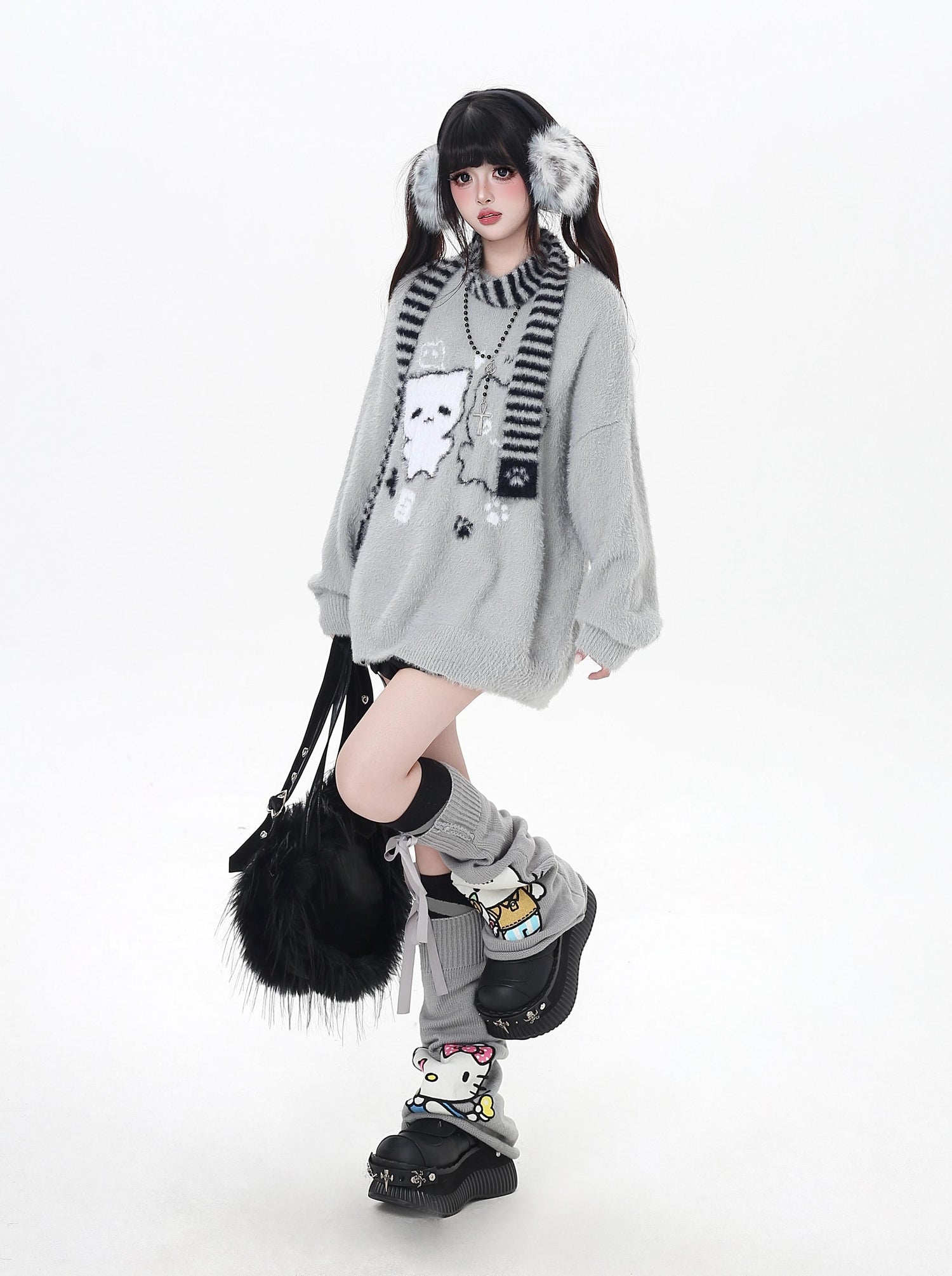 Crazy_Girl_Happy_Cat_Plush_Embossed_Crewneck_Loose_Cardigan_Women&