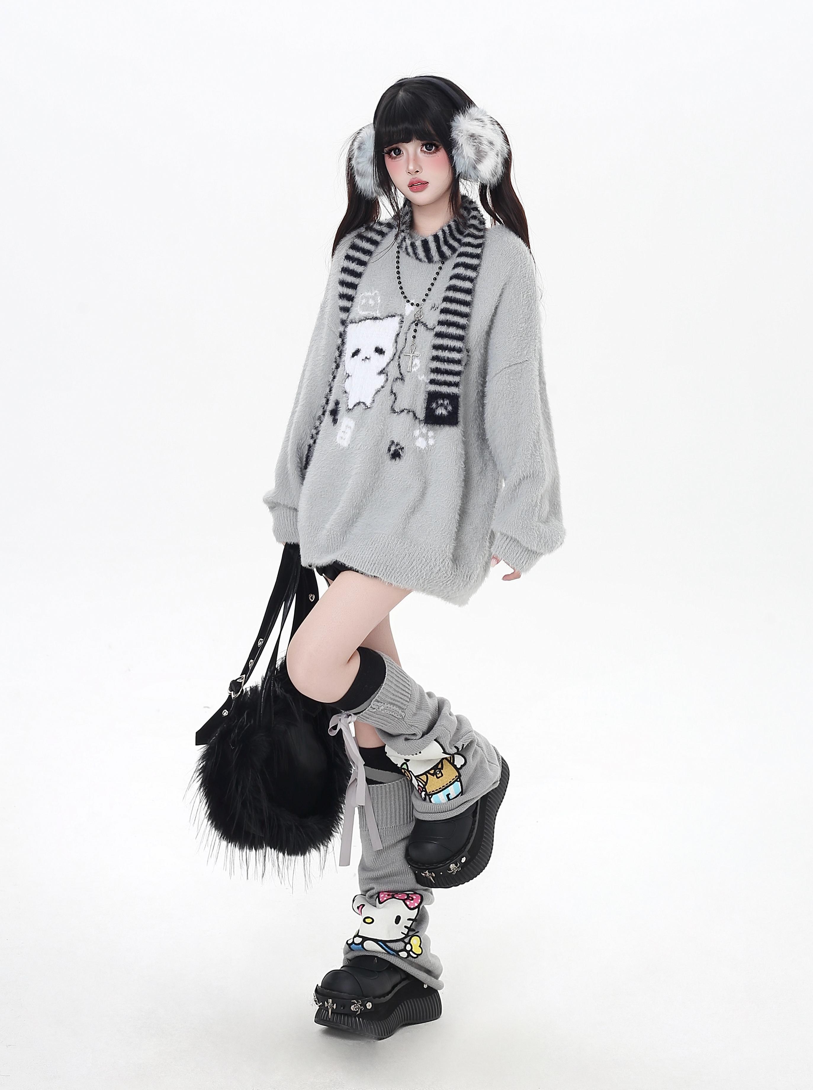 Crazy_Girl_Happy_Cat_Plush_Embossed_Crewneck_Loose_Cardigan_Women&