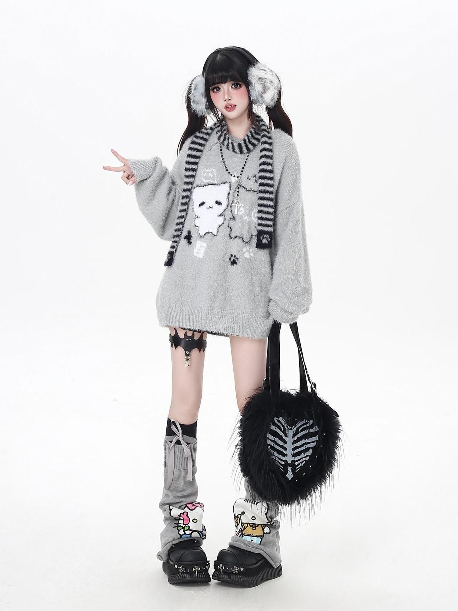Crazy Girl Happy Cat Plush Embossed Crewneck Loose Cardigan Women&