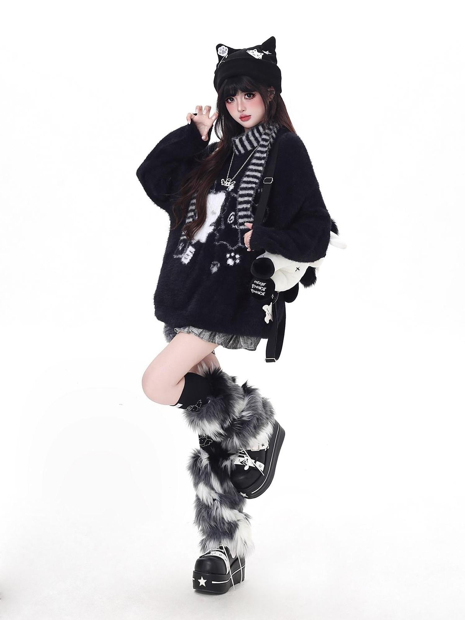 Crazy Girl Happy Cat Plush Embossed Crewneck Loose Cardigan Women&