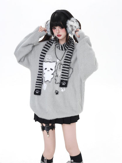 Crazy Girl Happy Cat Plush Embossed Crewneck Loose Cardigan Women&