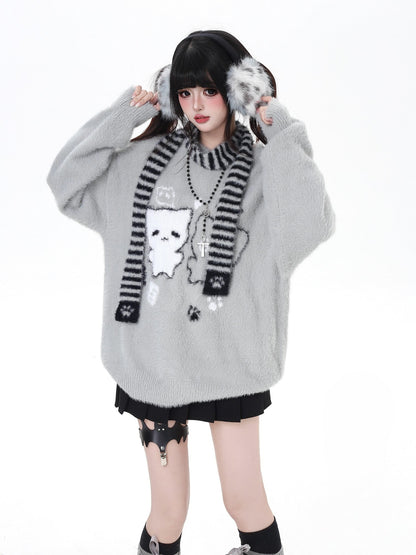 Crazy Girl Happy Cat Plush Embossed Crewneck Loose Cardigan Women&