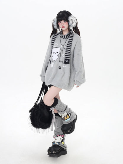 Crazy Girl Happy Cat Plush Embossed Crewneck Loose Cardigan Women&