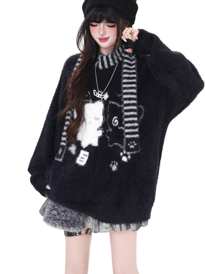 Crazy Girl Happy Cat Plush Embossed Crewneck Loose Cardigan Women&